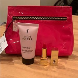YSL pouch with lipstick and lotion